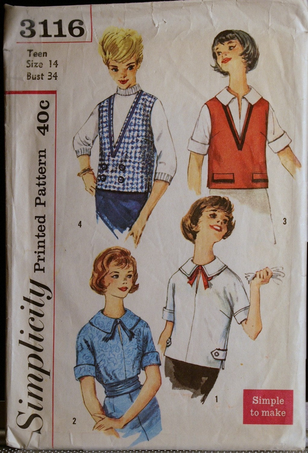 Vintage 50s Teen Miss Blouse and Jerkin Pattern Simplicity 3116 Sz 14