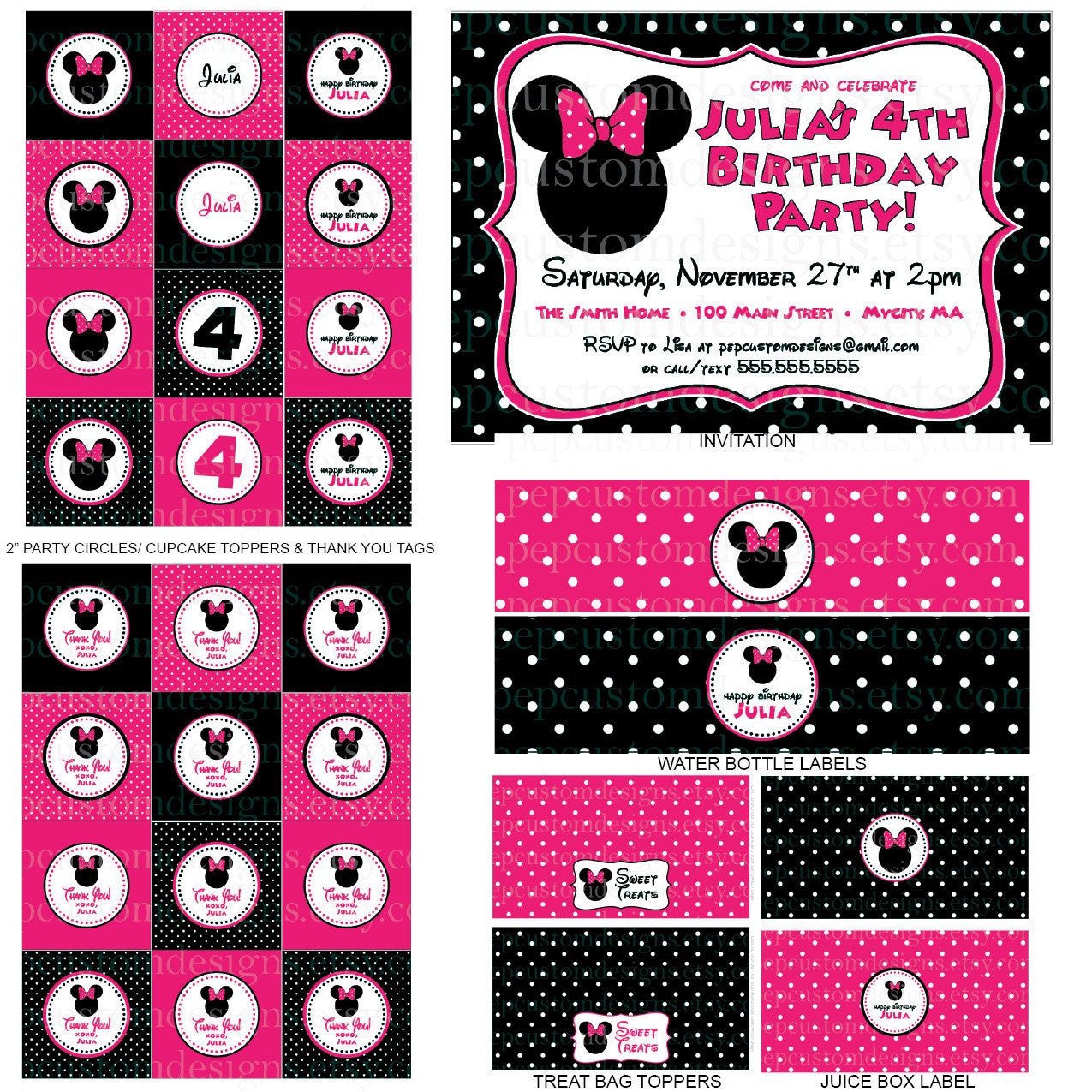 DIY-Printable: Personalized Minnie Mouse Birthday Party Set - 13 items (invitation, party circles, water bottle labels, banner & more)