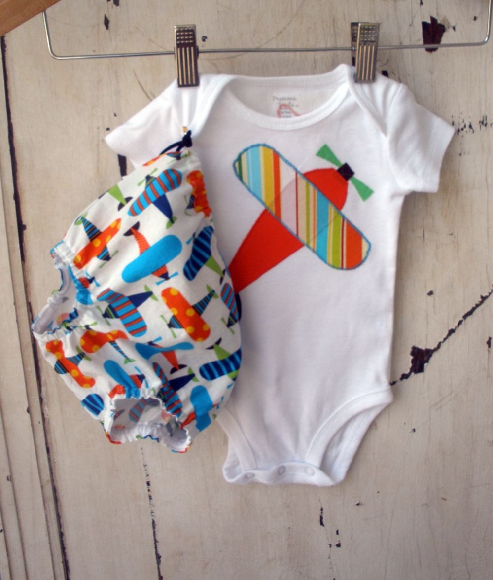 Boys Diaper Cover and Onesie Set-  Nappy Covers - Multi - Color Airplanes and Onesie
