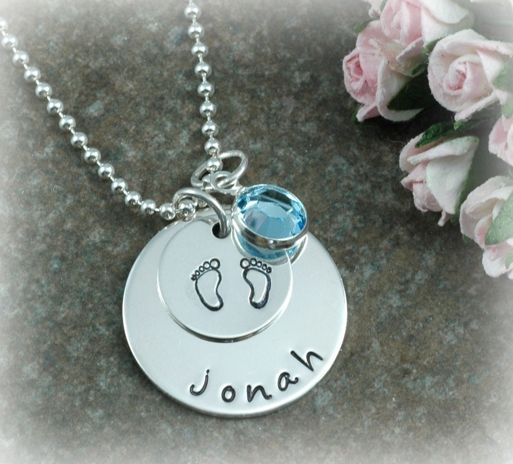 New Baby - Personalized Necklace - Sterling Silver - Hand Stamped - for New Mommy - baby feet - footprints