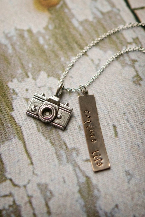 Camera Necklace - Hand Stamped Capture Life Photography Necklace - Silver Camera - Sterling Silver Chain