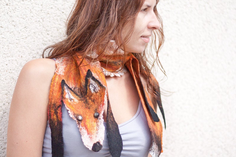 Red Fox Scarf Fiber Art Felt Scarf Wool Woodland tribal orange neckwarmer