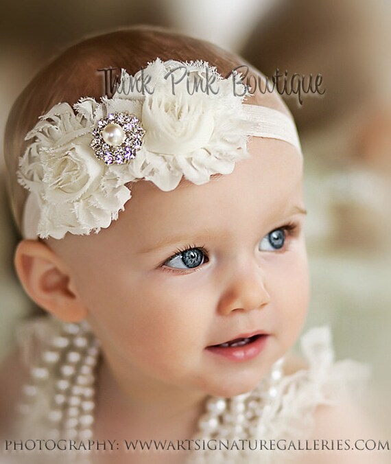 Ivory Baby Headband, Headband, baby girl headband,Newborn Headband, shabby chic flower headband, christening headband,baptism headband.