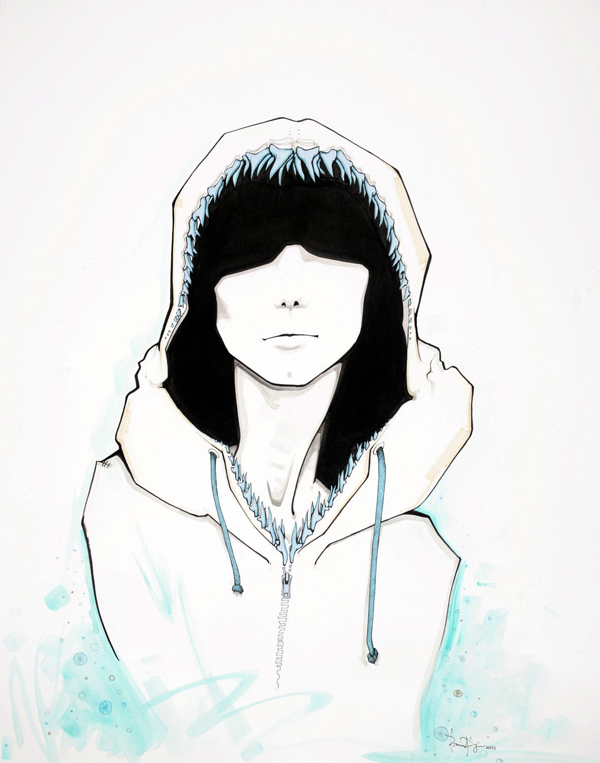 art print, girl with shark jaw/ shark tooth hoodie, black and white