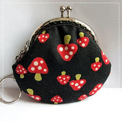FREE SHIPPING - Little Handmade Coin Purse Red Mushroom in Black