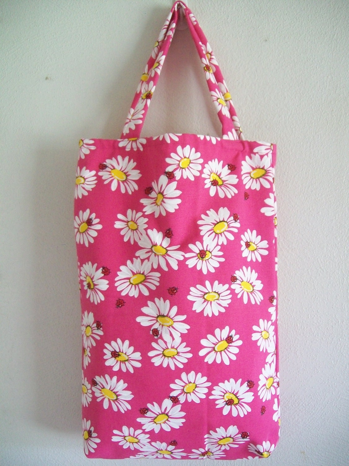 Extra Large Tote Bag - Bright Pink Daisies and Ladybugs