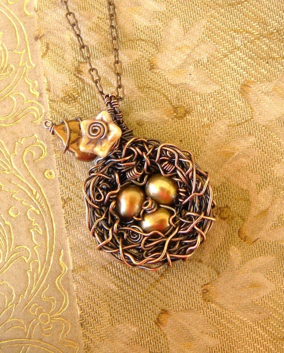 Bird Nest Pendant Necklace, Wire Wrapped, Oxidized Copper, Golden Caramel Freshwater Pearls, Flower, Leaf Accent, Chain Included