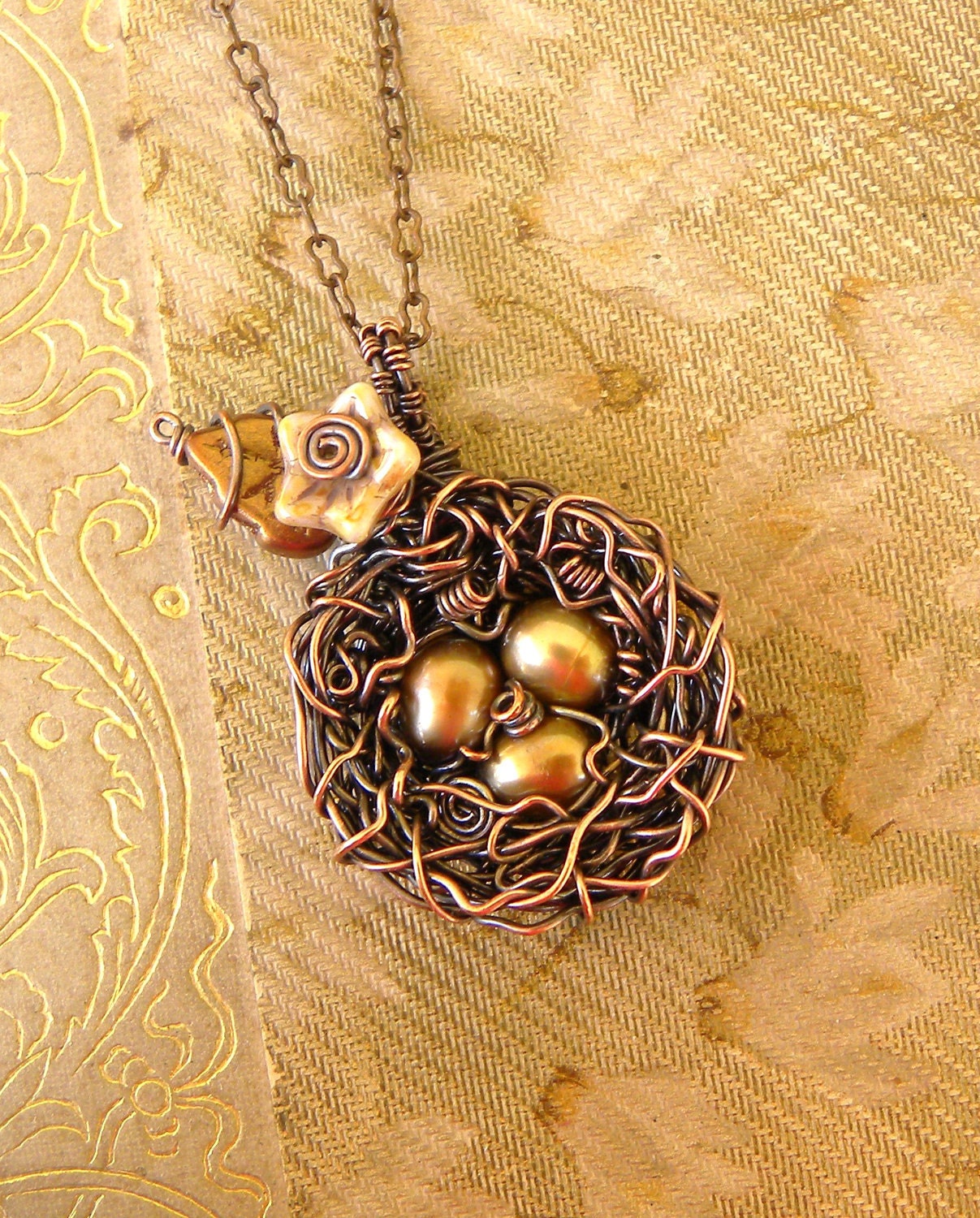 Bird Nest Pendant Necklace, Wire Wrapped, Oxidized Copper, Golden Caramel Freshwater Pearls, Flower, Leaf Accent, Chain Included