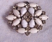 Vintage Domed Brooch Milk Glass Cabochon and Rhinestone Womens Jewelry 1940s 1930s