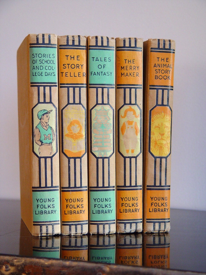 Childrens Story Book Vintage Young Folks Library 5 Volumes Childrens Literature Classic Stories 1938 Clothbound Hardback Books