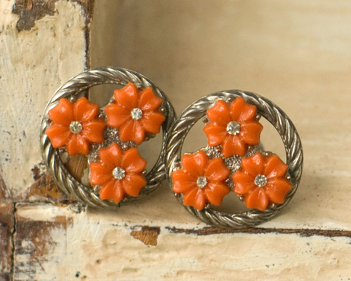 Vintage Orange Flowers Screw Back Earrings