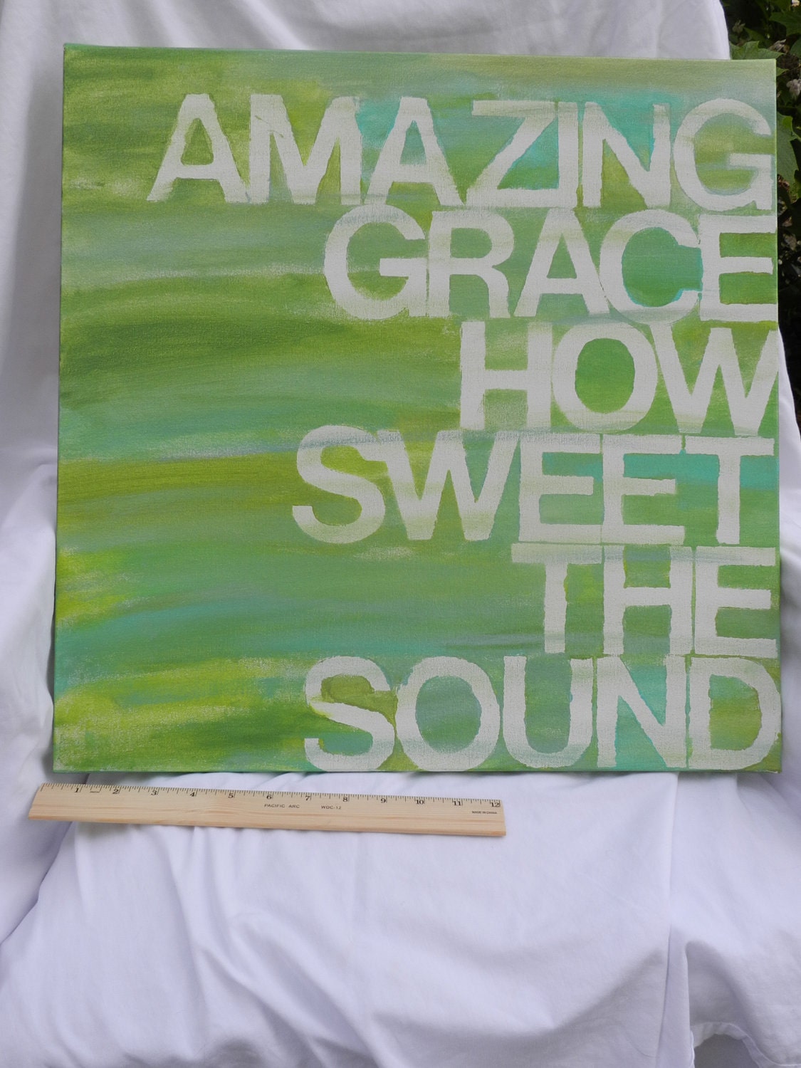 HALF PRICE CLEARANCE: amazing grace - 20x20 -  hand painted canvas - shades of green and blue - hymn lyrics - words as art