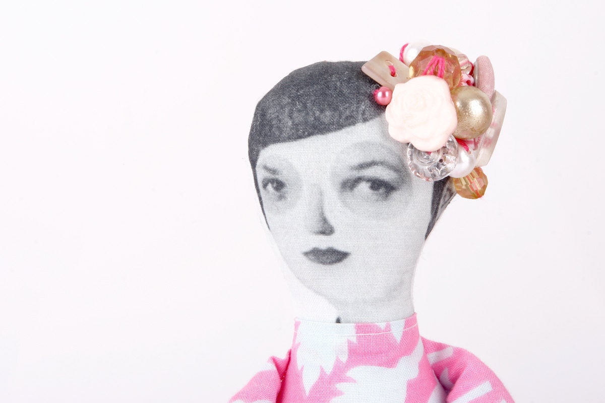 Beaded lady doll  Wearing floral  pink and Bright blue and socks ,Blooming in vintage Beads & Buttons -eco handmade cloth doll