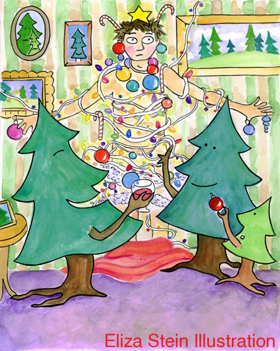 Christmas Card 5x7, Tangled Twisted Xmas, holiday, red and green, christmas trees, funny, weird, odd