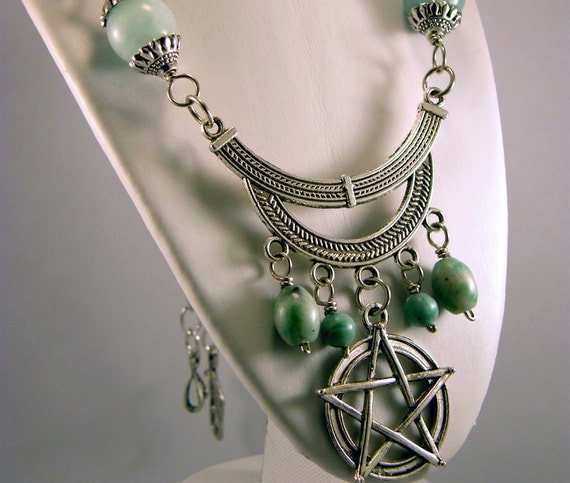 Wiccan Amazonite Pewter Pentacle Pentagram Necklace