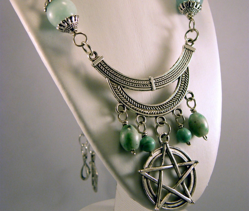 Wiccan Amazonite Pewter Pentacle Pentagram Necklace
