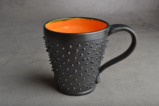 Spiky Coffee Mug: Made To Order Black and Orange Dangerously Spiky Coffee Mug by Symmetrical Pottery