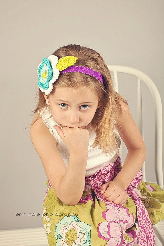 Stretchy Triple Flower Headband in Lime, Peacock, White, and Turquoise on Magenta lace elastic