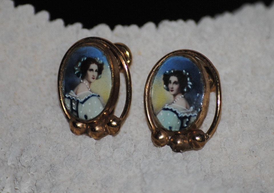 Opulence........ Antique 12kt g.f. miniature painted portrait earrings