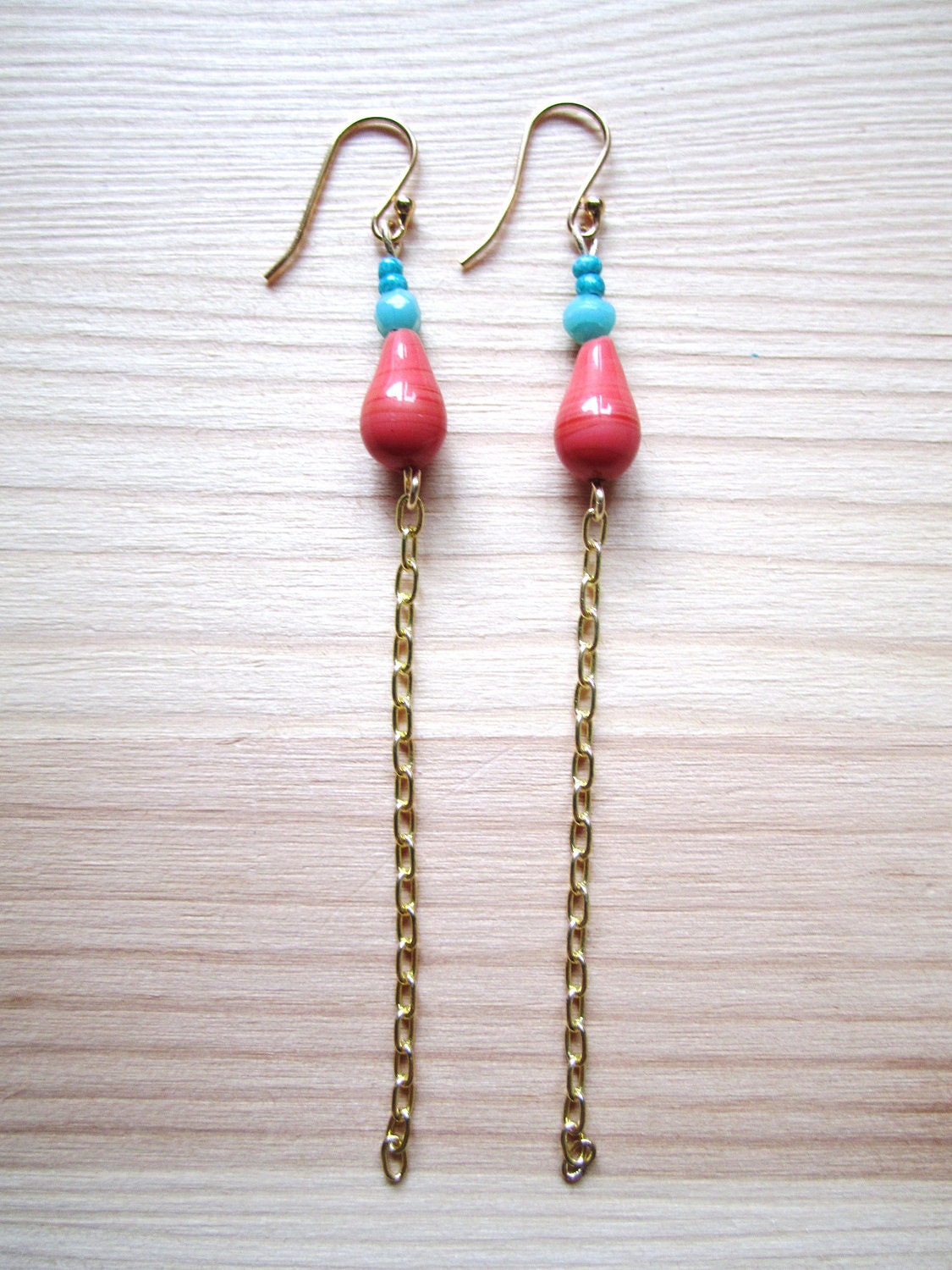 Handmade long earrings, vintage coral bead earrings, coral and blue earrings, gold chain long earrings, dangly earrings by necobel