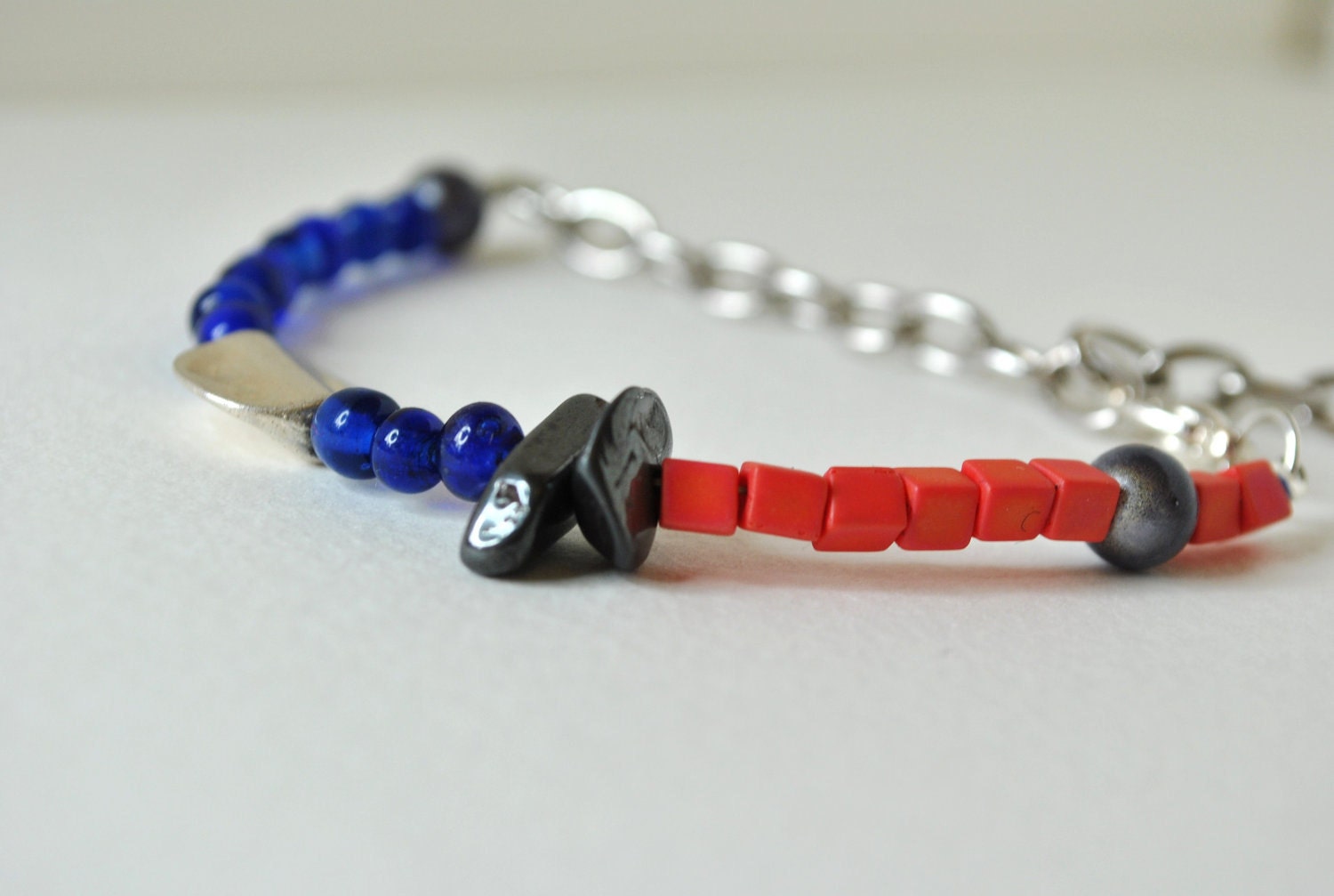 Mixed media bracelet, stacking bracelet, repurposed bead bracelet, handmade bracelet, labradorite, blue glass, coral by nicobel