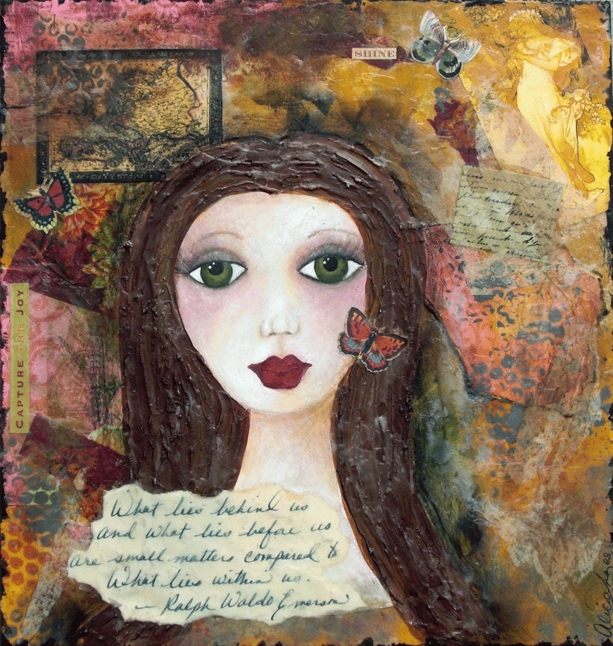 Original Art Painting - WHAT Lies WITHIN - Emerson Quote, Strength, Beauty, Adventure 11x12 Original Mixed Media Art, OOAk