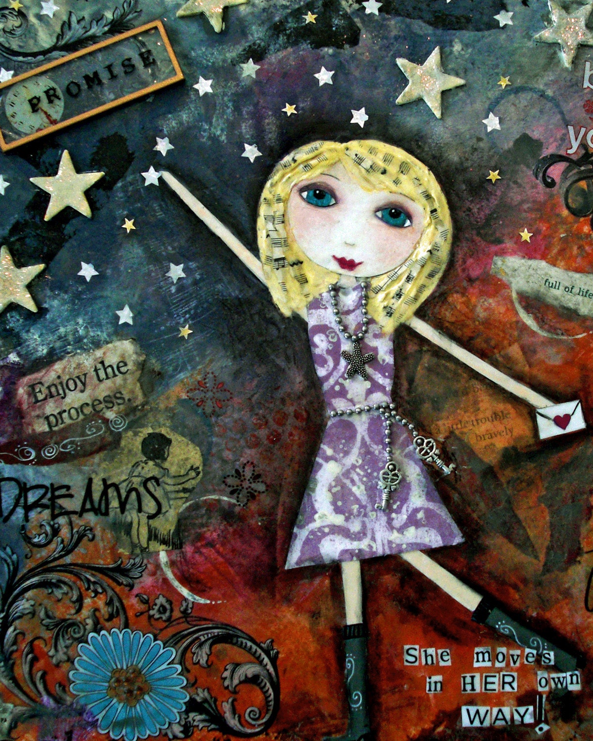 HER OWN WAY - Chasing Dreams Reaching for Stars Mixed Media Art 8x10  print,  Whimsical Art, Folk Art, Inspirational Art, Follow your Dreams