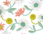 Mums and Daisies Coral and Seafoam - Fine Art Print of an original gouache painting