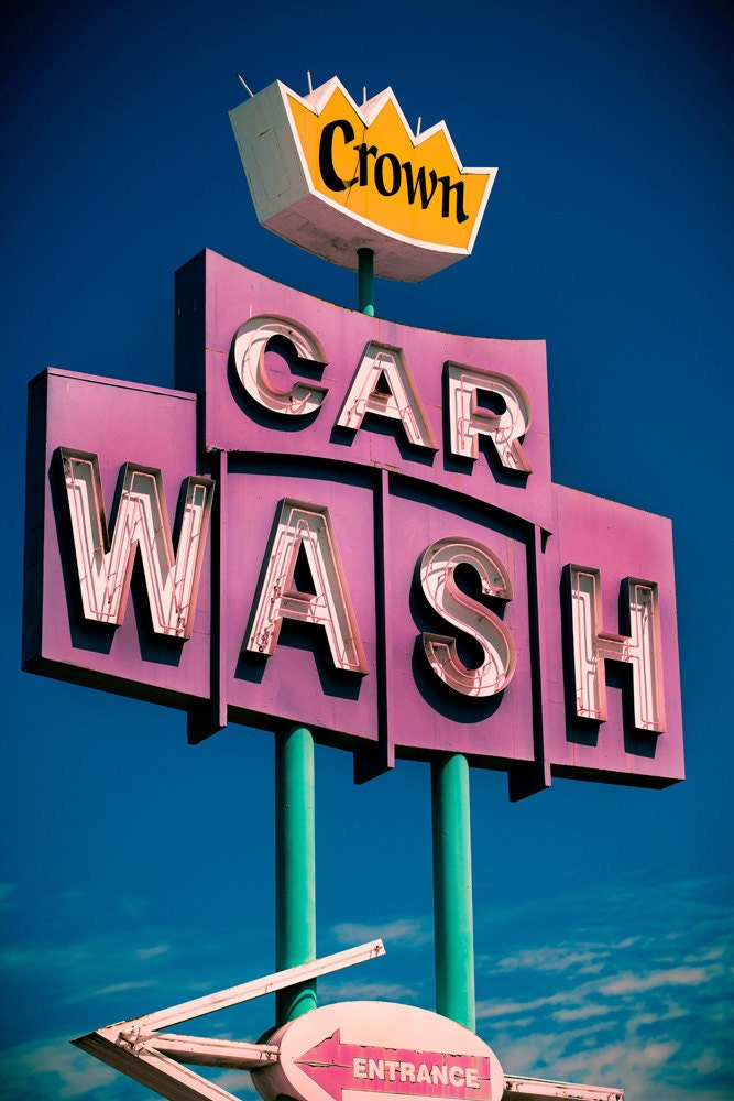 Crown Car Wash Vintage Neon Sign - Los Angeles Art - Retro Home Decor - Vintage Office Decor - Retro Typography - 12X18 Fine Art Photograph
