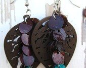 Dangle Earrings-Carved Dark Wood & Shells- Nature Lovers Leaf Earrings- Amber-Teal-Silver Hooks