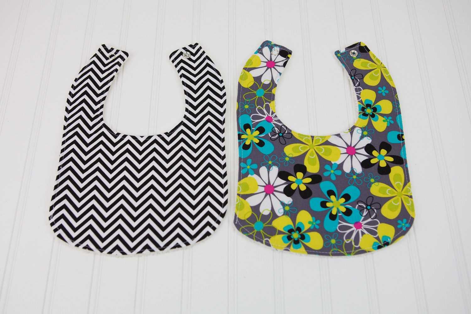 Baby Girl Bib Set of 2 Black White Chevron and Funky Floral with Terry Cloth