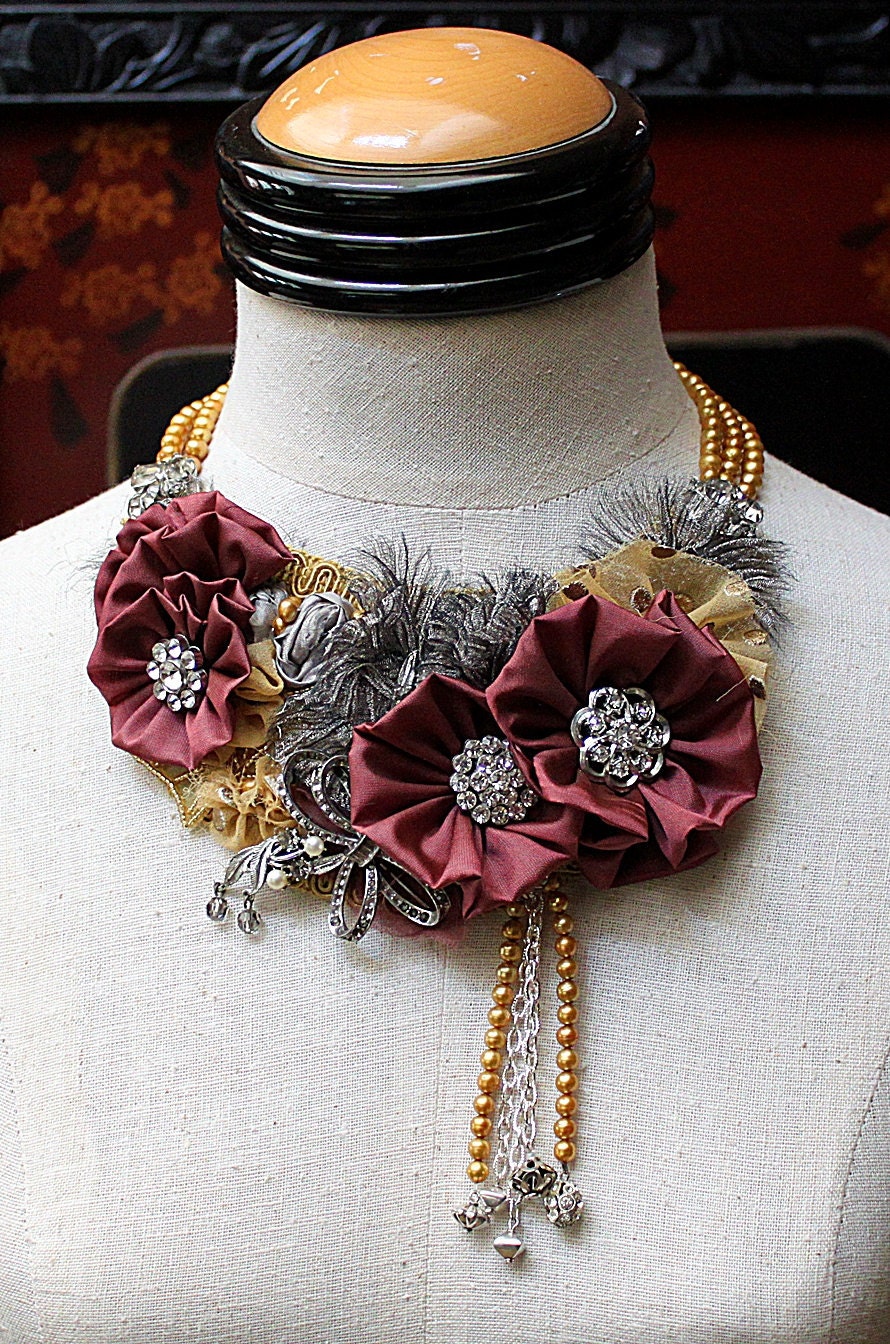 OLD ROSE Statement Necklace Mixed Media Repurposed Vintage