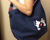 Large Shoulder Bag - Blue with Mickey & Minnie Kissing Embroidery - 2 large inside pockets - Hobo Purse