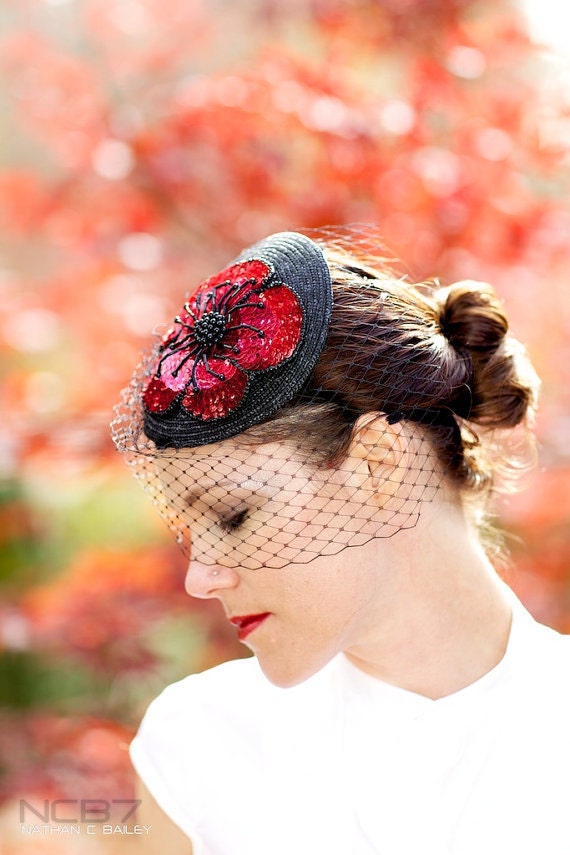 Red Fascinator Hat with Flower Shaped Sequin Embellishment and Black Chenille Veiling - JULIETTE