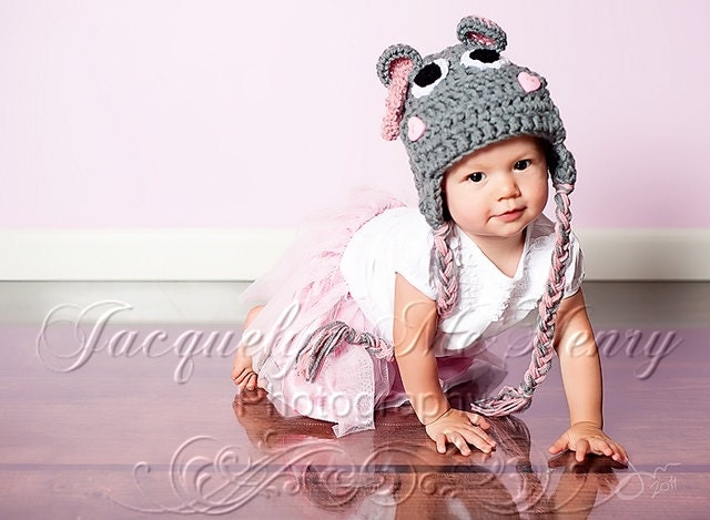 Miss Hippo Beanie in Baby Pink and Gray Available in Newborn to Adult Size- MADE TO ORDER