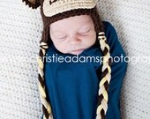The Monkey Earflap Beanie in Chocolate Brown, Tan, White and Banana Yellow Available in Newborn to 5 Year Size- MADE TO ORDER