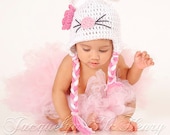 Little Miss Kitty Beanie in White, Baby Pink and Bright Pink Available in Newborn to 5 Years Size- MADE TO ORDER