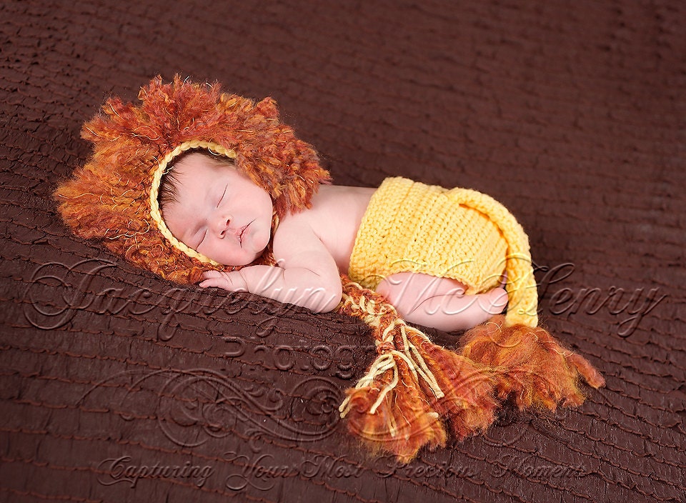 Mr. Lion Bonnet in Yellow and Wild Fire with Matching Diaper cover in Newborn Size- MADE TO ORDER