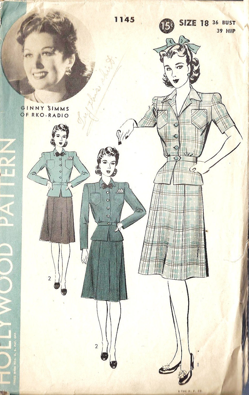 1940s Misses Dress with Skirt and Peplum Jacket Vintage Sewing Pattern, Hollywood 1445 Bust 36" - MissBettysAttic