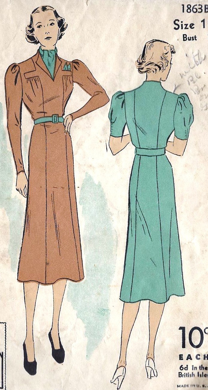 1930s Misses Dress Vintage Unprinted Sewing Pattern, DuBarry 1863B, Bust 36" uncut
