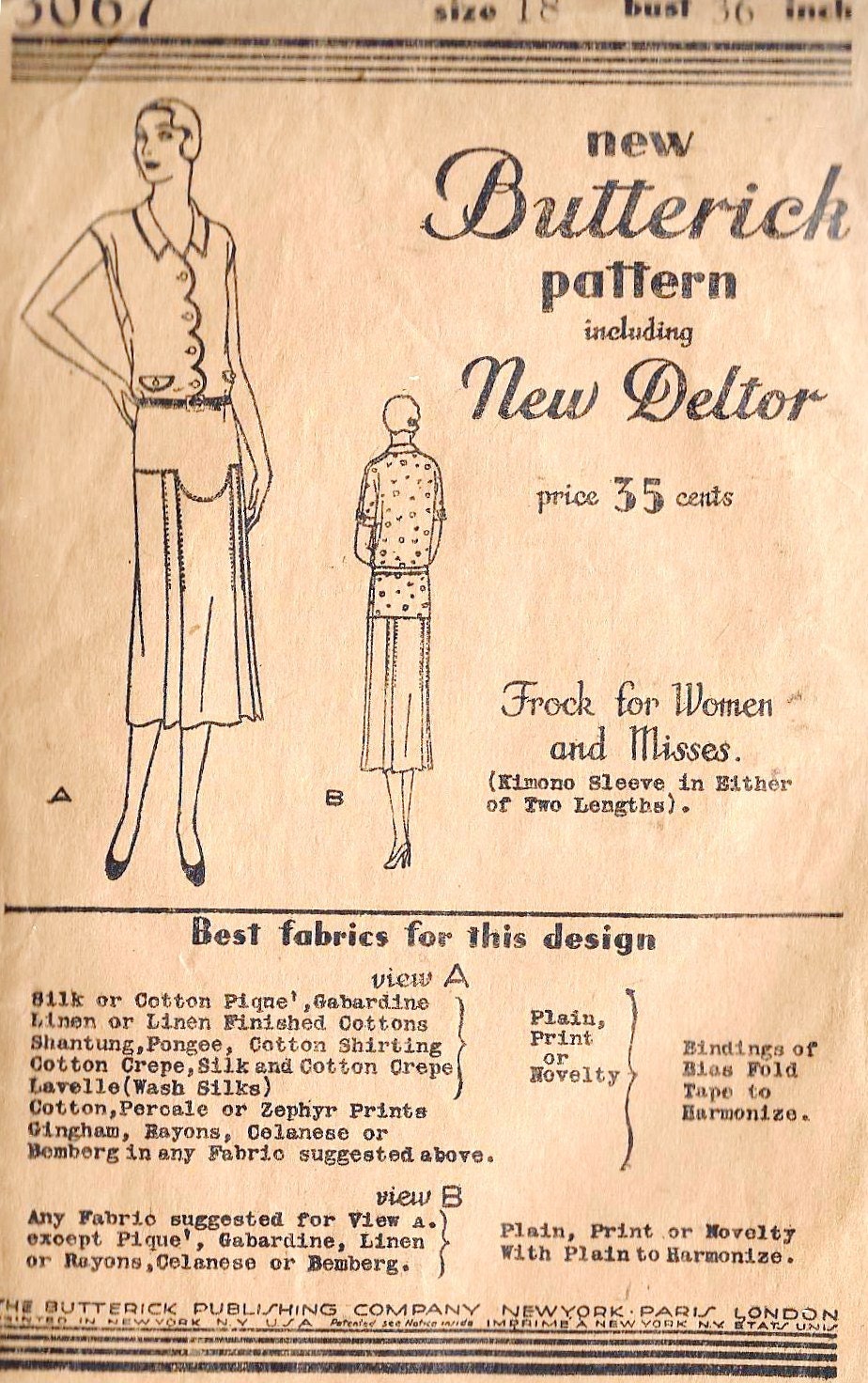 1920's Flapper Dress Vintage Sewing Pattern, Butterick 3067 bust 36" uncut
