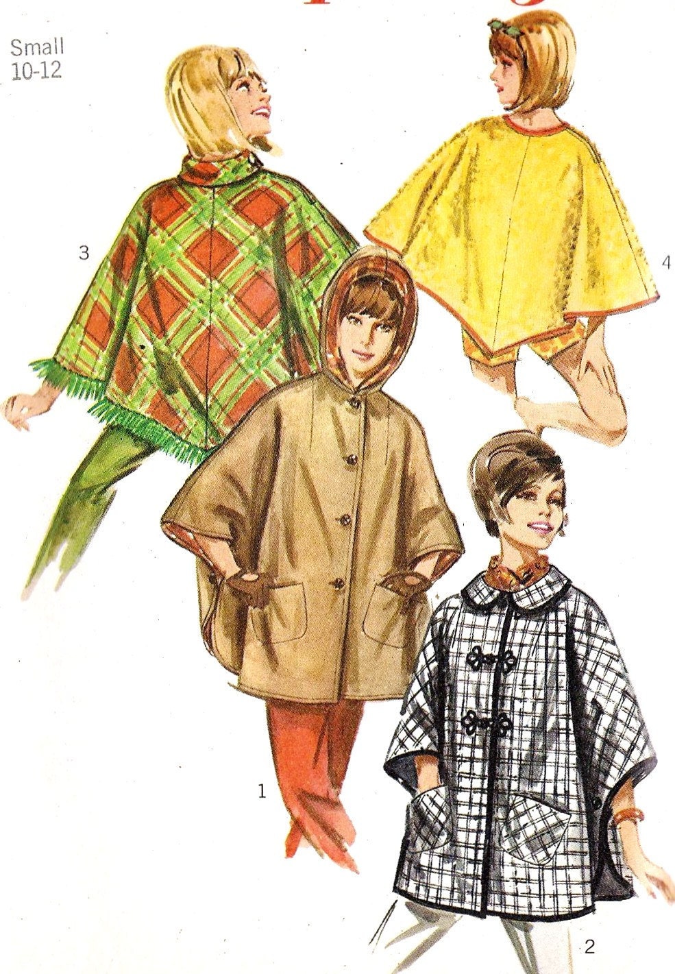 1960s Misses Poncho Vintage Sewing Pattern, 4 Styles, Simplicity 6651 bust 34" to 36" uncut