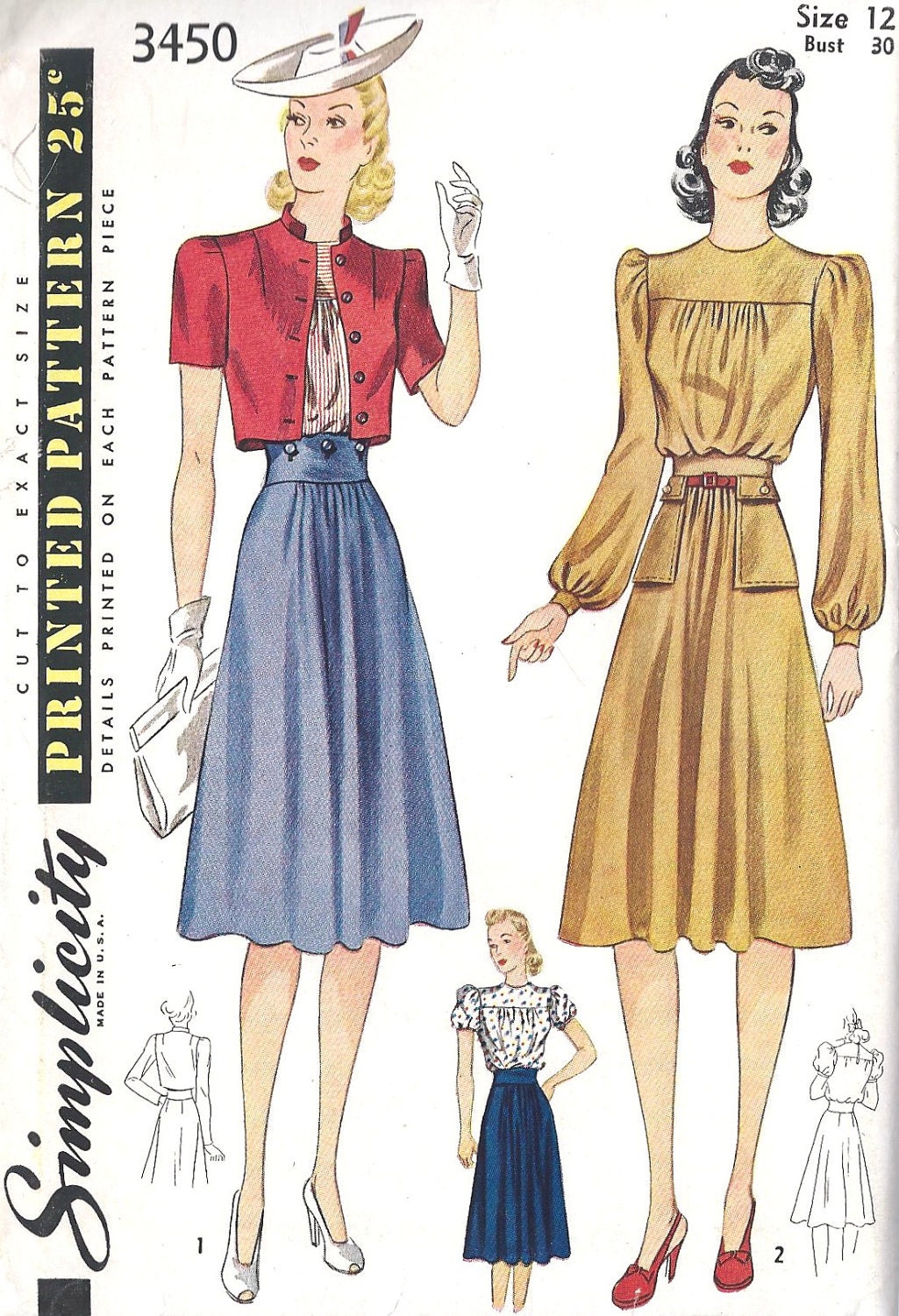 1940s Misses Blouse, Skirt and Jacket Vintage Sewing Patterm, Simplicity 3450 bust 30" uncut
