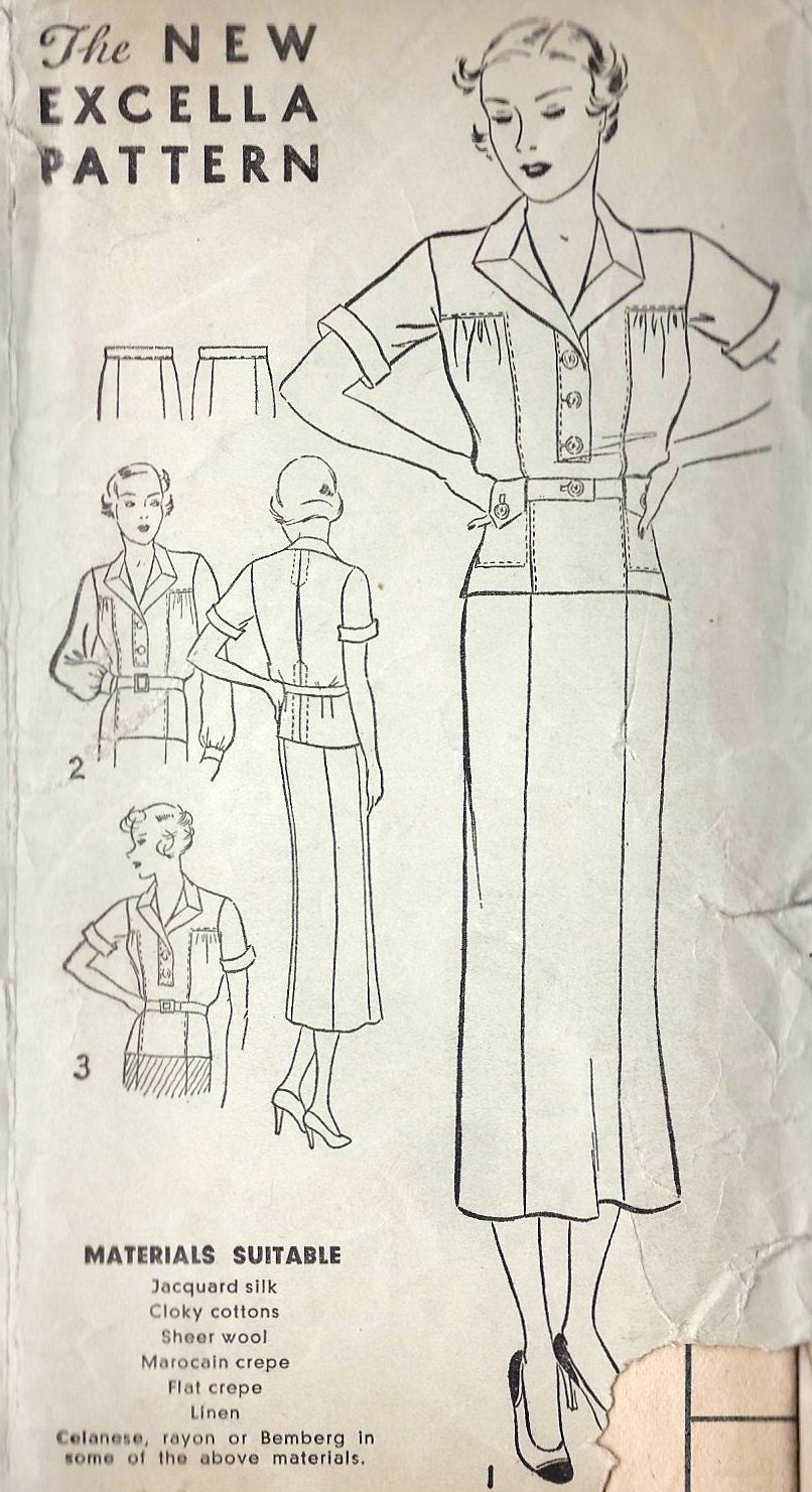 1930's Misses Two Piece Dress Vintage Sewing Pattern, Excella Pattern 4917 bust 32"