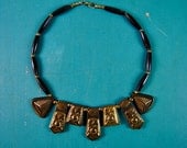 vintage necklace, 1980's wooden brass beaded tribal choker