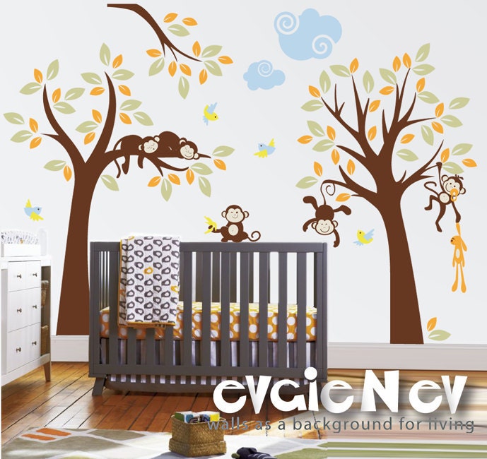 Baby Nursery Wall Decals - Trees with Branch, Monkeys and Birds Wall Stickers - PLMG040