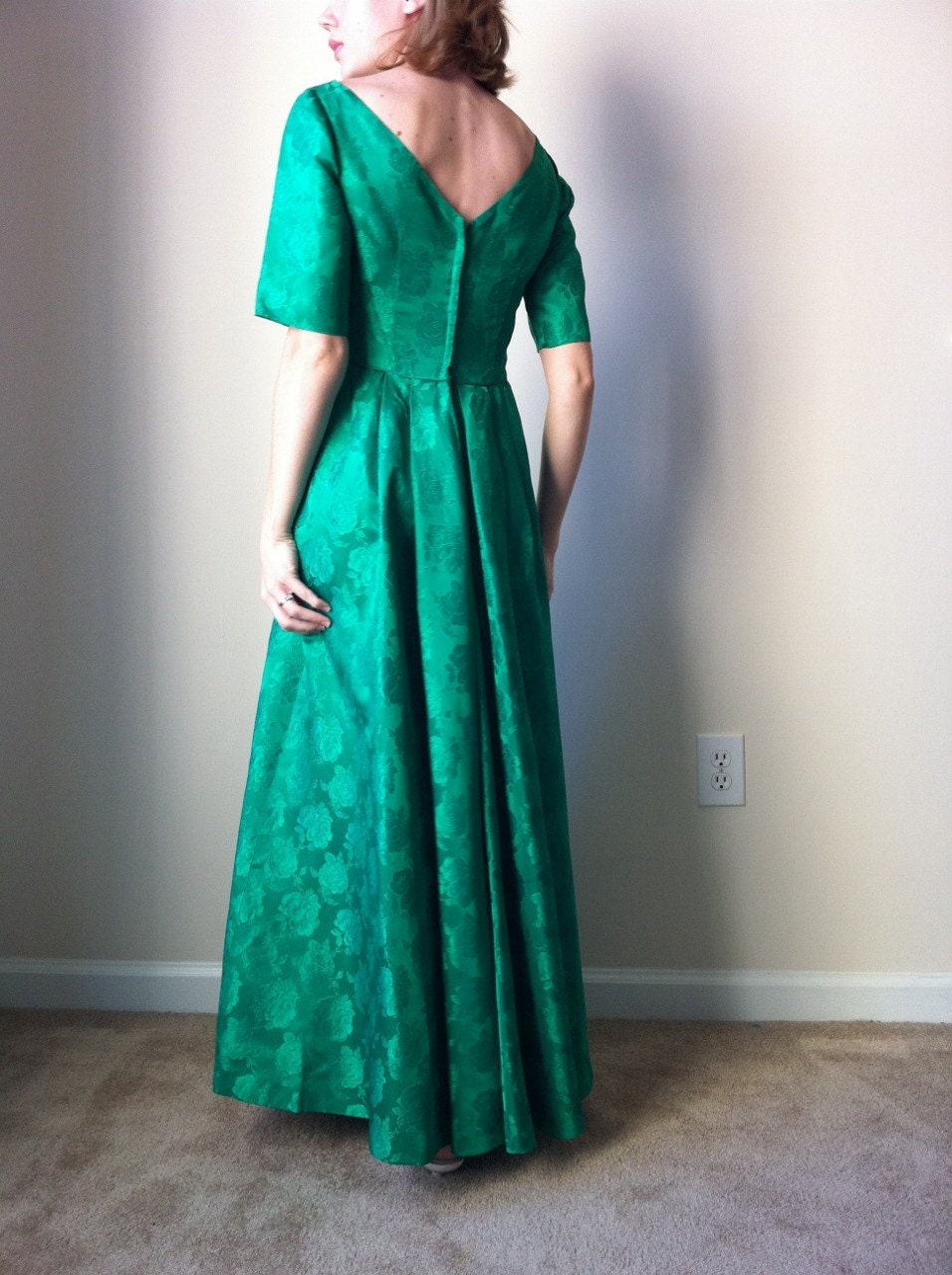 vintage 1960s green brocade gown Jackie O