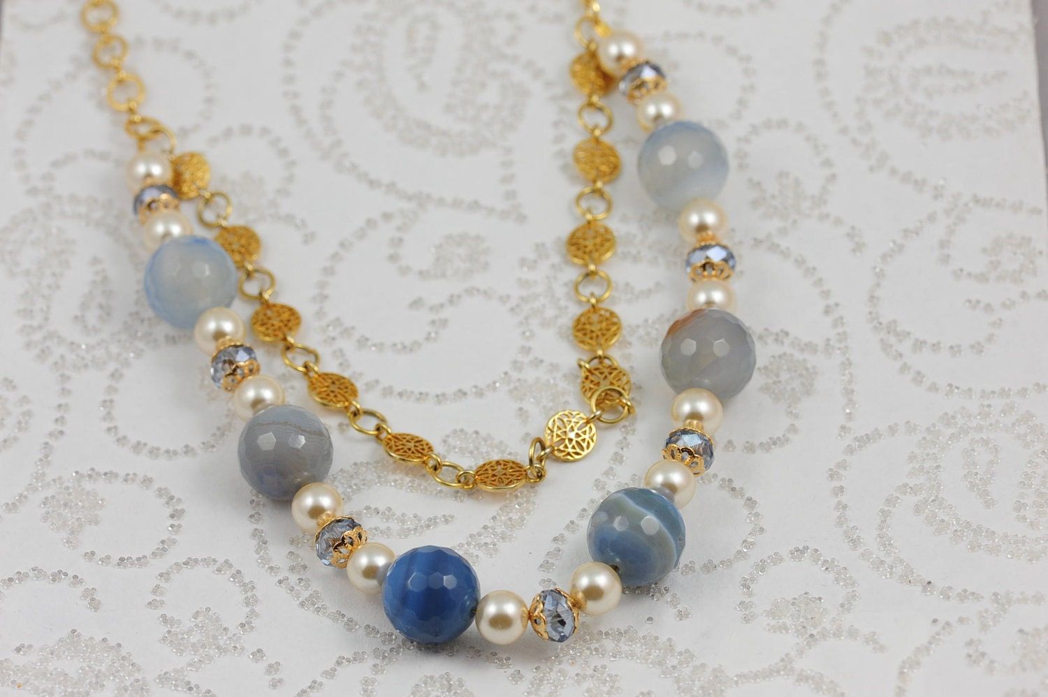 Double strand sapphire agate & pearl necklace, OOAK, free matching earrings by Trinkets By Tracy