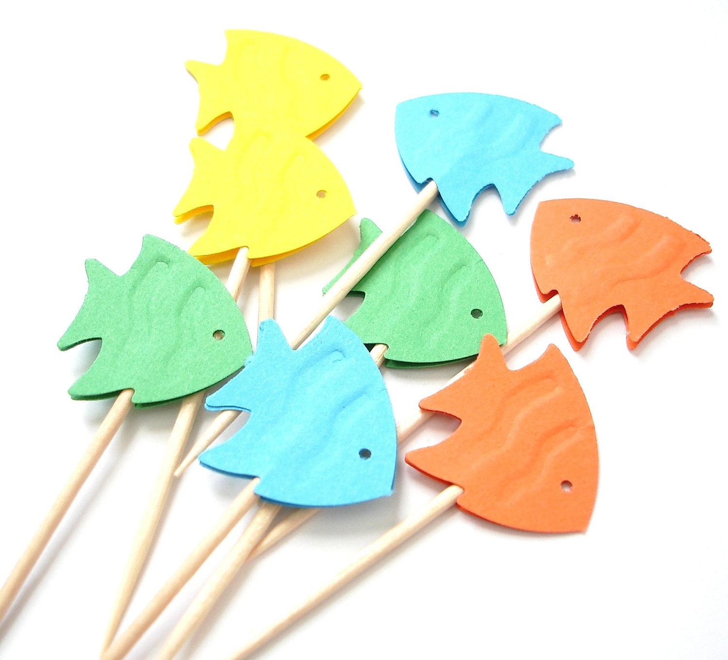 24 Decorative Mixed Yellow Green Blue Orange Fish Party Picks, Toothpicks, Cupcake Toppers, Food Picks - No637