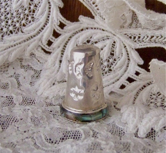 Vintage Sterling Silver Thimble 925 Abalone Shell Border